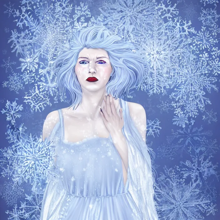 Image similar to full body portrait of a sickly looking woman dying of hypothermia, with very white skin and pale blue hair wearing a long white dress made out of snowflakes in the middle of a heavy snowstorm. blue lips. digital art by maromi sagi