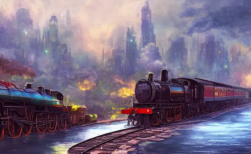 Prompt: A steam locomotive rides along of a waterway on a fantasy city. Fantasy and concept art, colorful digital painting, unreal engine.