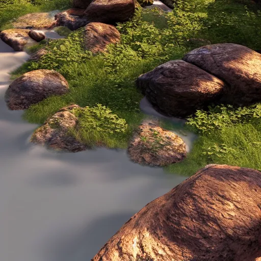 Prompt: a beautiful landscape, river, rocks, trees, volumetric lighting, octane render, nvidia raytracing demo