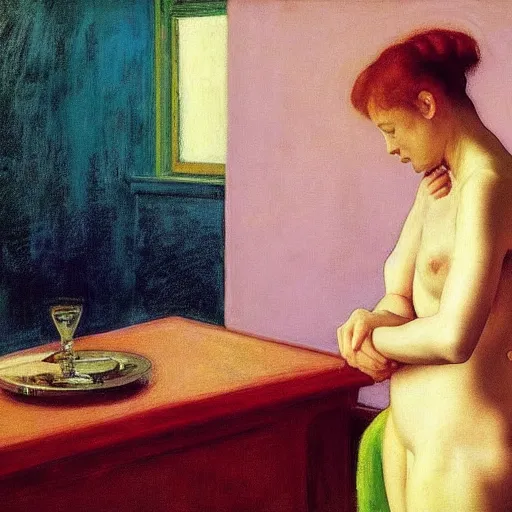 Image similar to a masterpiece of art, film still by edward hopper, by Pontormo, by klimt, art noveau, highly detailed, strong lights, liminal, eerie, Bright pastel colors