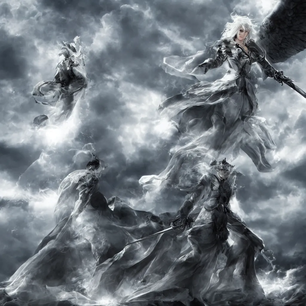 Image similar to a powerful menacing angel in focus with white hair, pale skin, knighted armor and sword levitating and surrounded by a cloud of black smoke. ultra - realistic, 8 k, detailed.