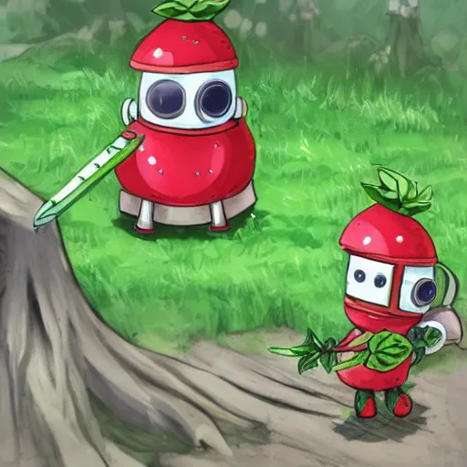Image similar to cute little robot with tomato hat with a leaf, and sword with chive shape, made in abyss style, standing on a forest