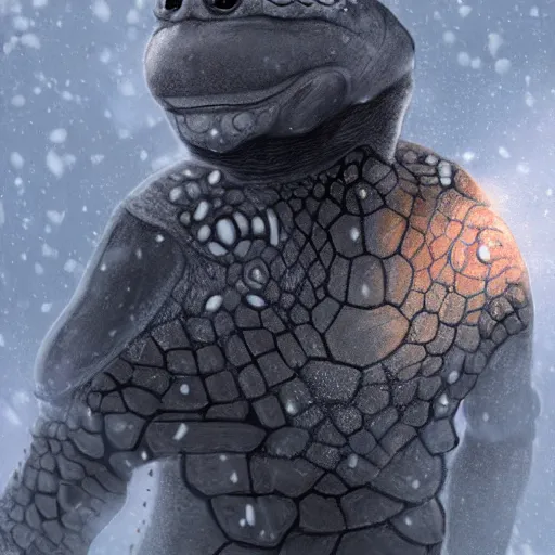 Prompt: anthropomorphic turtle humanoid, carapace, rutkowski, blizzard, winter, night, furs, fantasy