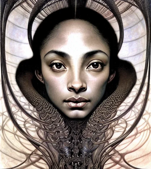 Prompt: detailed realistic beautiful young sade adu face portrait by jean delville, gustave dore and marco mazzoni, art nouveau, symbolist, visionary, baroque, intricate fractal, biomechanical. horizontal symmetry by zdzisław beksinski, iris van herpen, raymond swanland and alphonse mucha. highly detailed, hyper - real, beautiful