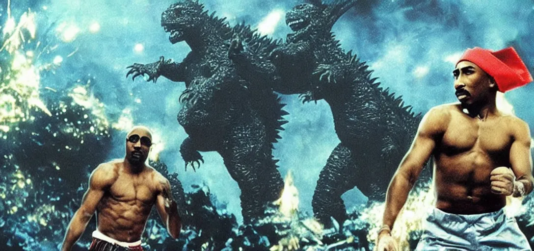 Image similar to 2pac fighting godzilla in space