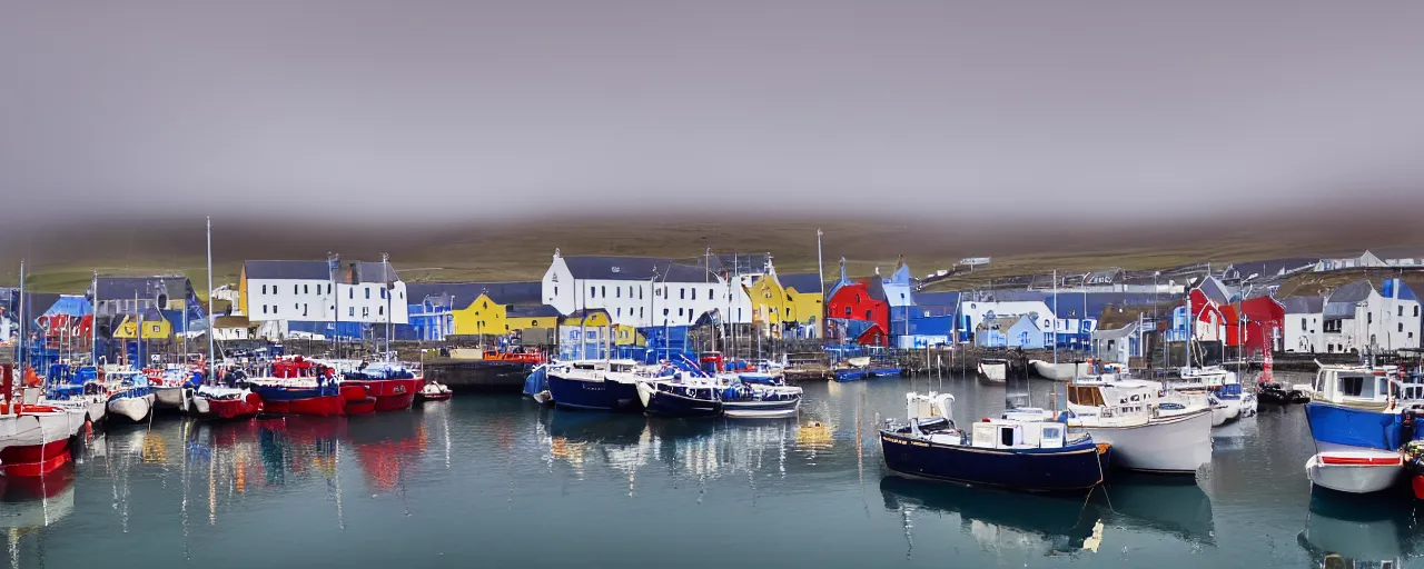 Prompt: a color photograph of the harbour at Stromness, by Vanda Ralevska, wide angle, background blur, bokeh, ethereal, fog, quiet, tranquil, bright light, very high-key