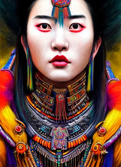 Image similar to portrait of liu yifei, hyper detailed ultra sharp aztec shaman warrior. trending on artstation, warpaint aesthetic, bloodwave, colorful, psychedelic, ornate, intricate, digital painting, concept art, smooth, sharp focus, illustration, art by artgerm and greg rutkowski and h. r. giger, 8 k