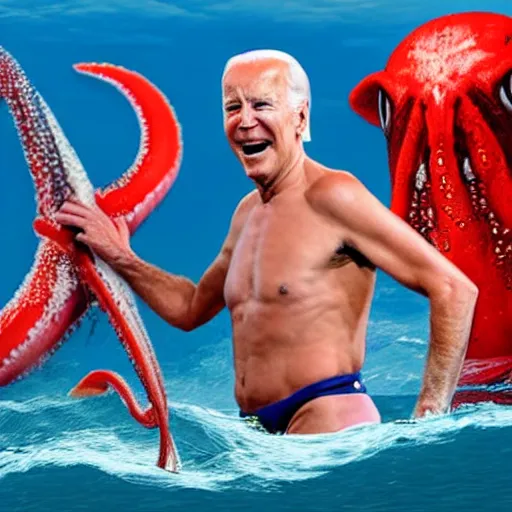 Image similar to photograph of joe biden wearing a bikini and battling a giant squid in the deep sea, realistic, 4 k,