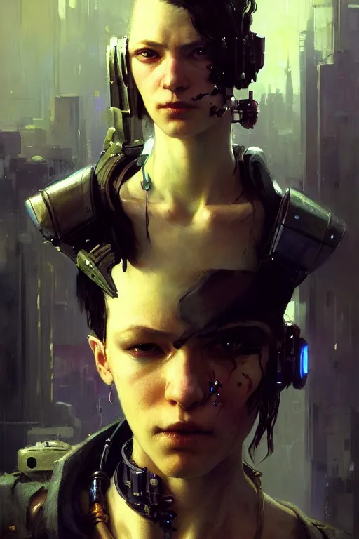 Prompt: full character portrait max mad cyberpunk, cyberpunk solider girl character design, final fantasy face, painting by gaston bussiere, katsuya terada, nc wyeth, greg rutkowski, craig mullins, vermeer, trending on artstation, jeffery catherine jones