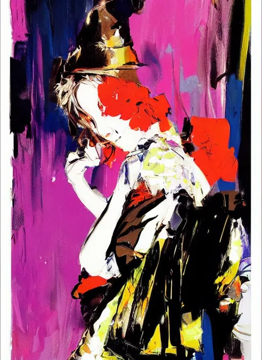 Image similar to Fashion model girl by Ashley Wood, Yoji Shinkawa, Jamie Hewlett, 60's French movie poster, French Impressionism, vivid colors, palette knife and brush strokes, Dutch tilt