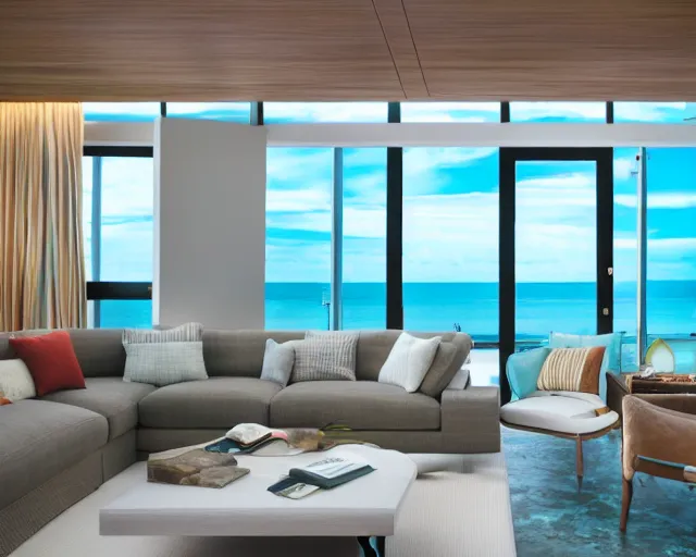 Prompt: A modern living room in a ocean hues style, ocean view, calm, relaxed style, harmony, wide angle shot, 8k resolution