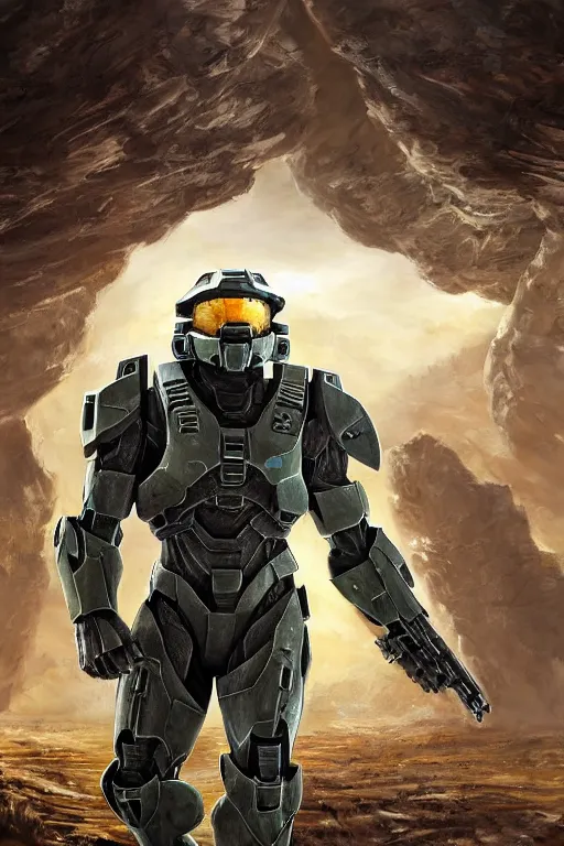 Image similar to master chief from halo 3 hunting easter eggs, easter, oil on canvas, intricate, portrait, 8 k highly professionally detailed, hdr, cgsociety