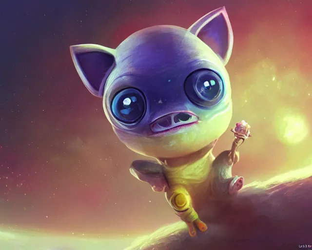 Image similar to 3D Fantasy Cute and adorable small alien piggy in space, huge adorable eyes, bright stars, Smooth 3D Illustration, soft render, Servando Lupini, Daniil Kudriavtsev, handpaint texture, Blender, 3DCoat