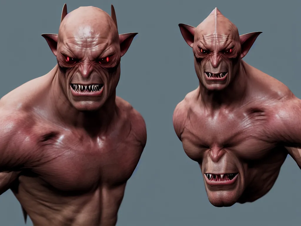 Image similar to game concept art, muscular, lice head, chiroptera head, chiroptera ears, shark teeth, hyperrealism, artstation, cgsociety, zbrush, no background