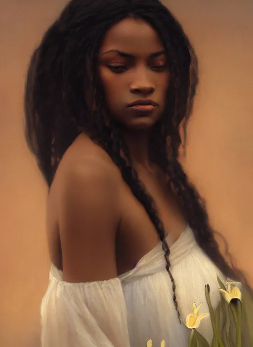 Prompt: oil painting close up portrait of a contemplative young black woman with long dark flowing hair in a black dress, surrounded by white lilies!! at sunset, hazy, digital art, chiaroscuro, artstation, cinematic, golden hour, digital art painting by greg rutkowski, william - adolphe bouguereau, hazy atmosphere, cinematic lighting