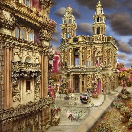 Prompt: Ornate Roman city, rococo, creamy flowing marshmallow texture, flemish baroque style, rococo, colorful sugar coated photorealistic gumdrops all over the place, highly detailed and intricate, hyperrealism