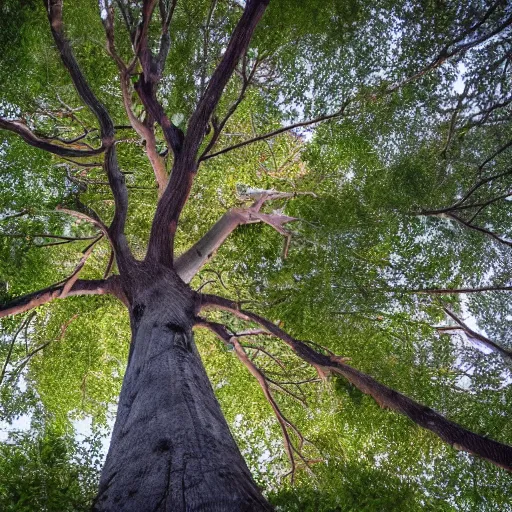 Image similar to a house with a tree growing on it's roof, the photo was taken from the ground looking up at the tree, realistic, ultra high detail, ambient lighting, 8k.