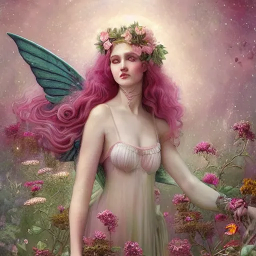 Image similar to a beautiful pink fairy with large wings and flowing hair exploring her lonely flower garden by herself in the style of tom bagshaw, extremely detailed, muted colors