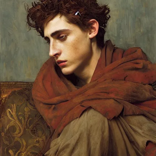 Prompt: timothee chalamet as a bandit king, god of the forge by edgar maxence and caravaggio and michael whelan and delacroix