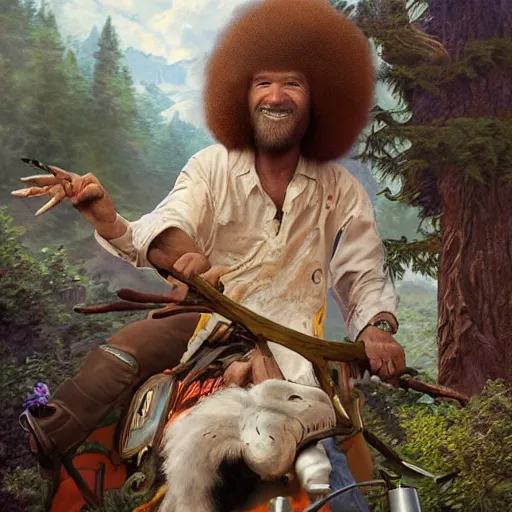 Image similar to bob ross!!! riding!!! a dinosaur!!, giant afro!, model pose, ultra realistic, concept art, intricate details, highly detailed, photorealistic, octane render, 8 k, unreal engine. art by artgerm and greg rutkowski and alphonse mucha