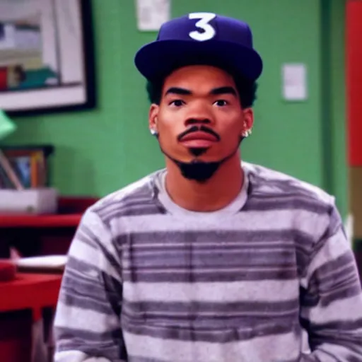 Image similar to a tv still of Chance The Rapper starring as a black college student at Jones College Prep in a 1993 sitcom