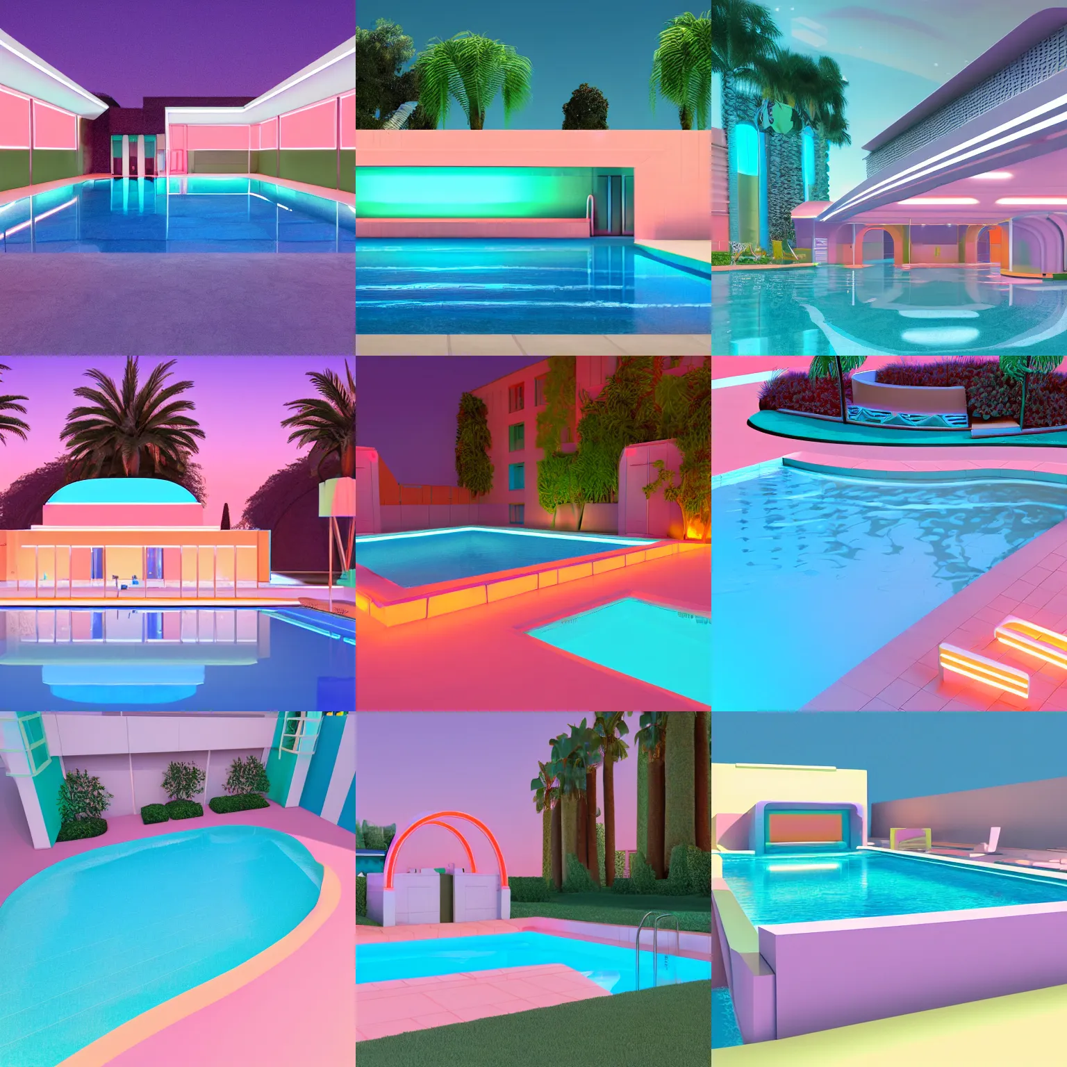 Prompt: arch viz 1980s still life scene of a liminal swimming pool :: 1985 art deco revival style, peach and teal pastel complimentary colors + split-complimenatry neon lighting :: 8k, v-ray, ray tracing