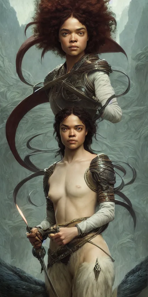 Image similar to tessa thompson, beautiful fantasy maiden, dungeons and dragons, masterpiece by edgar maxence and ross tran and michael whelan, gustav dore, 8 k, octane render