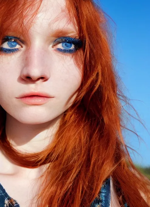 Image similar to close up portrait photograph of a thin young redhead woman with russian descent, sunbathed skin, with deep blue symmetrical!! eyes with round!! Black!! Pupils, and Wavy long maroon colored hair who looks directly at the camera, with a Slightly open mouth, face takes up half of the photo. a park visible in the background. 55mm nikon. Intricate. Very detailed 8k texture. Sharp. Cinematic post-processing. Award winning portrait photography. Sharp eyes.