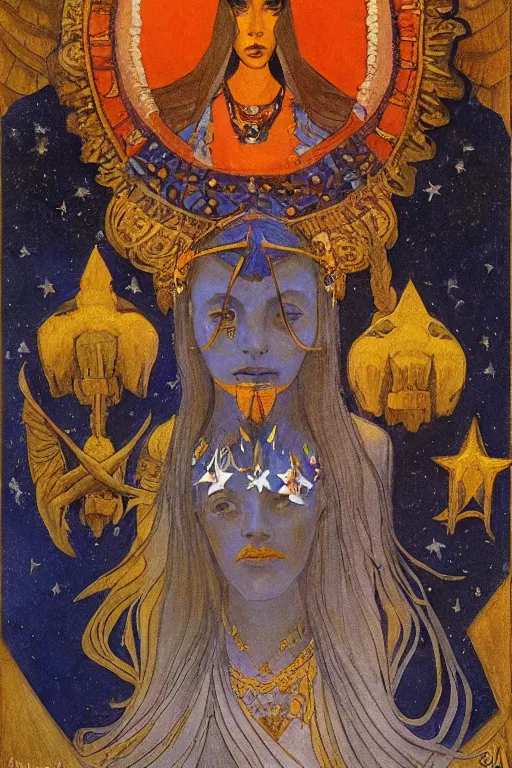 Image similar to queen of the crows with stars in her hair by Nicholas Roerich and Annie Swynnerton and Diego Rivera and jean delville and Carl Larsson, dramatic cinematic lighting , silver jewelry, ornate headdress, flowing robes, sacred artifacts, lost civilizations, smooth, sharp focus, extremely detailed