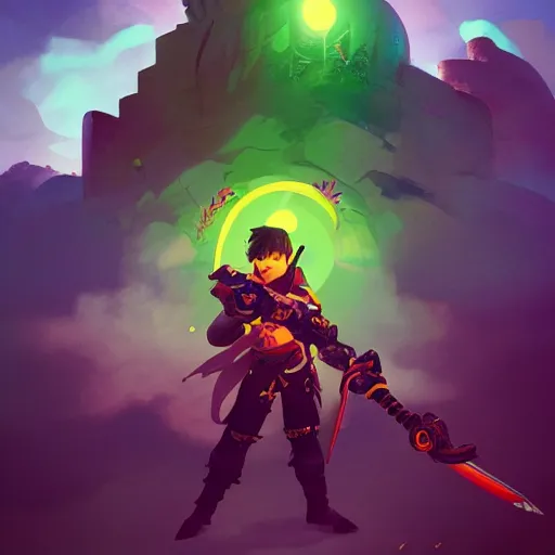 Image similar to a stylized portrait of a young boy as a warrior with a sword and revolver, overwatch style, stylized, arcane magic, orange and green power, vaporwave, volumetric light from above, background by liam wong, art by raymond swanland + marc simonetti + greg rutkowski + harumi hironaka