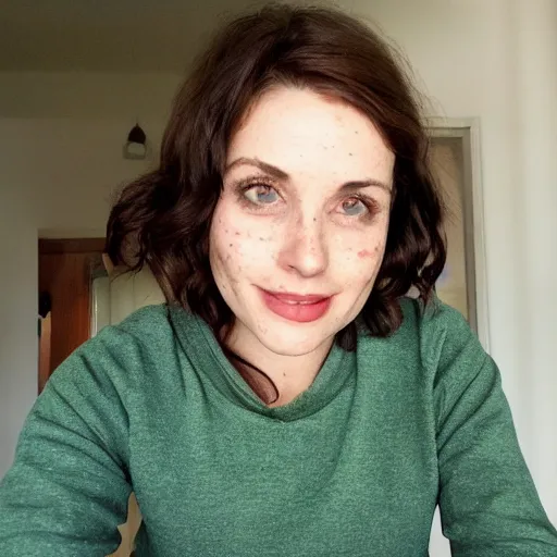 Image similar to 3 1 year old woman, short brown hair, freckles, green eyes, grey sweatshirt, rococo, elegant