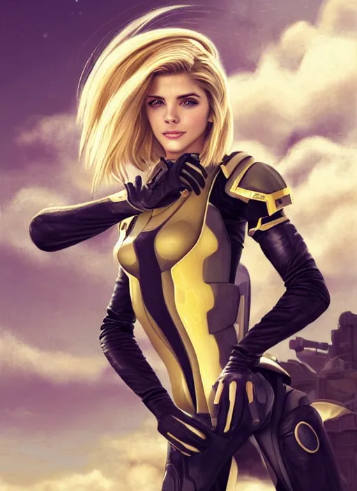 Image similar to portrait of a combination of Ashley Greene, Katheryn Winnick, Victoria Justice and Adriana Dxim, Grace Kelly, Emma Watson and Lily Collins with blonde hair wearing Samus' Armor from Metroid Prime, countryside, calm, fantasy character portrait, dynamic pose, above view, sunny day, thunder clouds in the sky, artwork by Jeremy Lipkin and Giuseppe Dangelico Pino and Michael Garmash and Rob Rey and Greg Manchess and Huang Guangjian, very coherent asymmetrical artwork, sharp edges, perfect face, simple form, 100mm