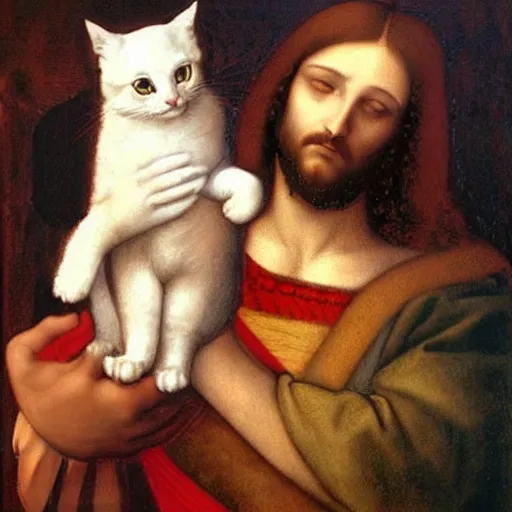 Image similar to jesus holding a cute cat, emotional, cute, powerful, digital art by leonardo da vinci