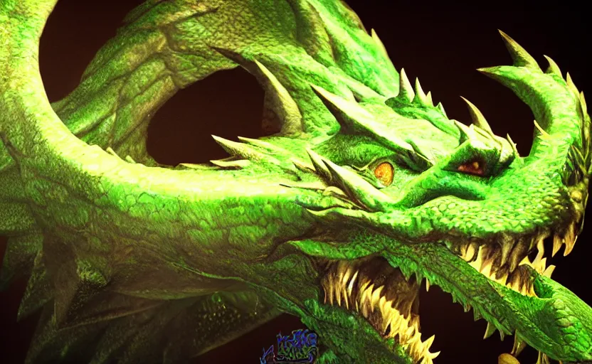 Image similar to green dragon, smiling, studio shot, volumetric lighting, 8 k, real life picture, realistic, hyperdetailed, no blur, shadows