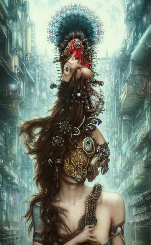 Image similar to hyper realistic Princess Mononoke, ornate mask magic, wet market street, cyberpunk metropolis, city landscape, jewels, full body pose, full moon, style of tom bagshaw, mucha, james gurney, norman rockwell, denoised, sharp