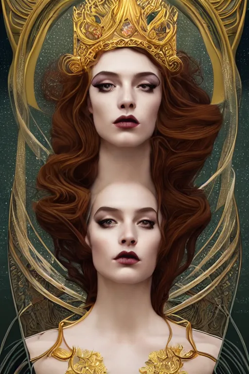 Image similar to a beautiful dark androgynous mermaid, pinup pose, long hair, tall and thin, wearing dozens of pendants and a gown of gold, small delicate crown of the sea on her head, illustration, symmetry accurate features, volumetric light clouds, ultra realist soft painting, (art nouveau), octane render, 8k, HD, by Tom Bagshaw, Brom, Charlie Bowater, faces by otto schmidt