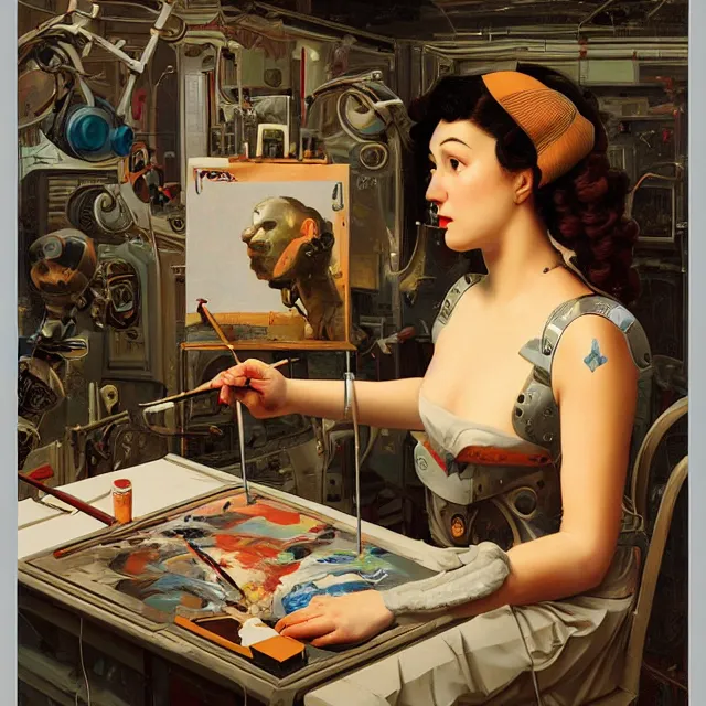 Image similar to robot artist painting a self - portrait on a canvas. intricate, highly detailed, digital matte painting, in the style of alexandros pyromallis, and in the style of sachin teng, and in the style of hans thoma, and in the style of gil elvgren. irony, recursion, inspiration, retrofuturistic.