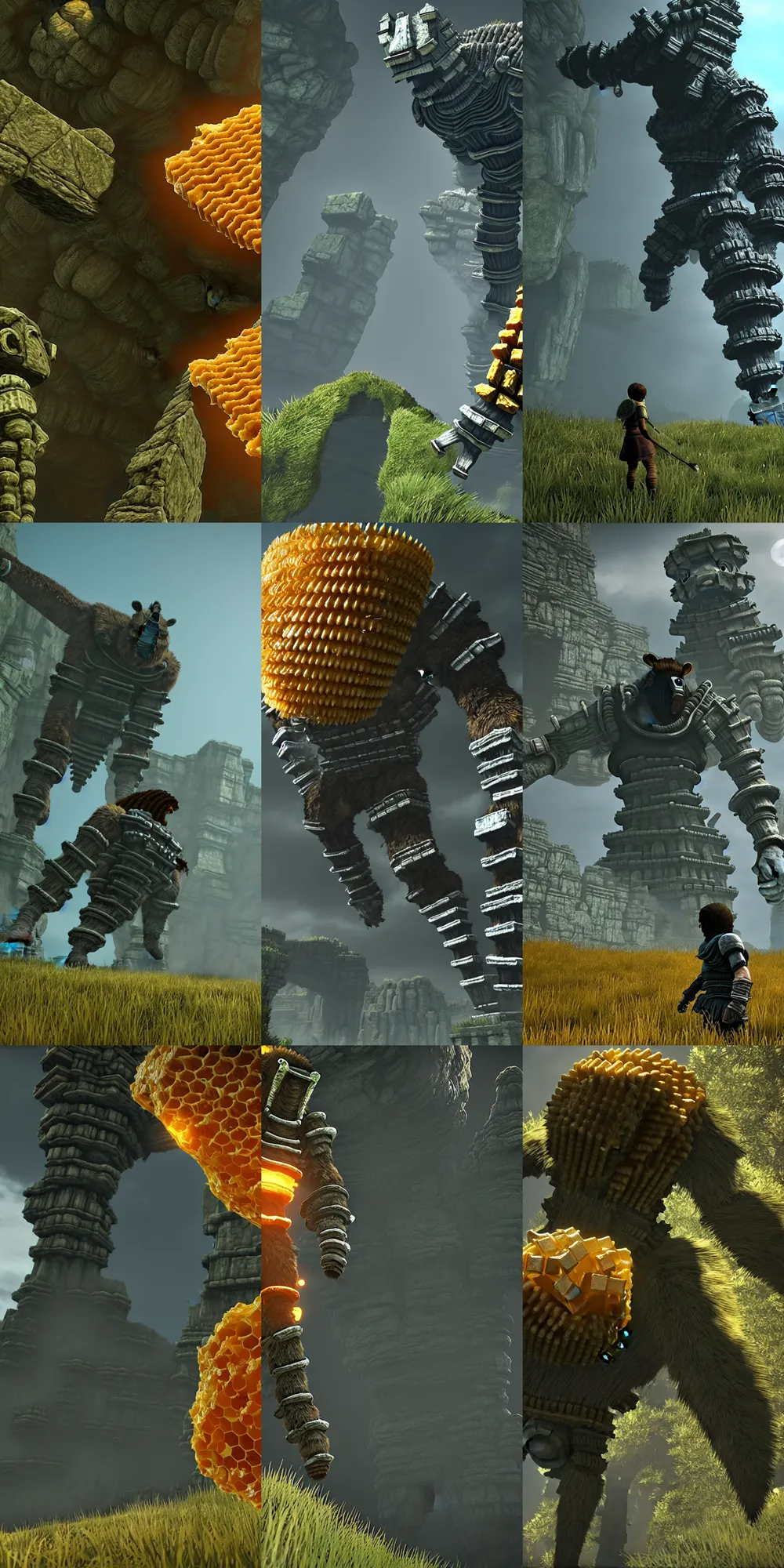 Prompt: ps 5 screenshot, shadow of the colossus made of honey comb, subsurface scattering