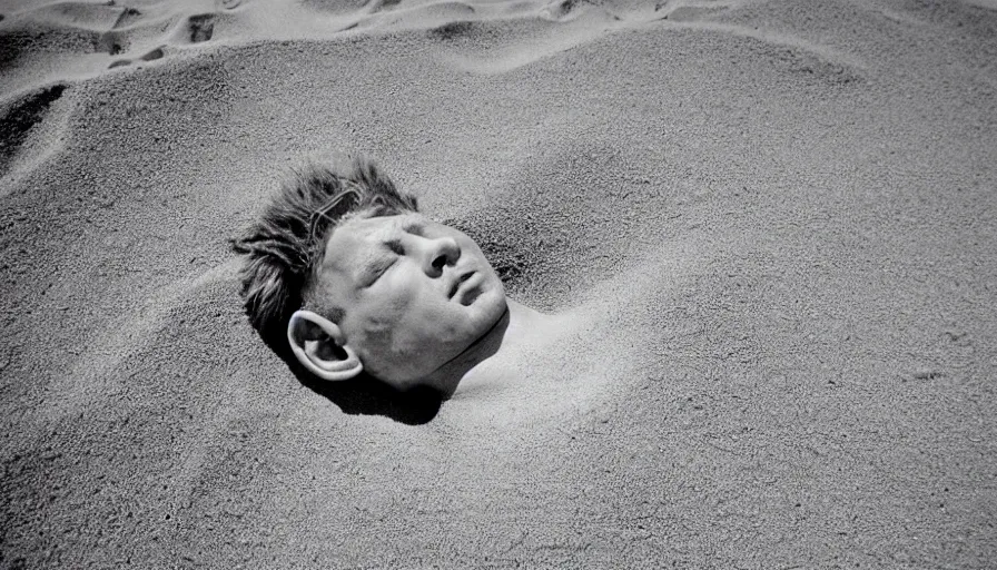 Image similar to 1 9 6 0 s movie still close up of marcus atilius regulus eyelids riped off bloody eyes looking directly at the sun his body buried in the sand, cinestill 8 0 0 t 3 5 mm b & w, high quality, heavy grain, high detail, texture, dramatic light, anamorphic, hyperrealistic, detailed hair