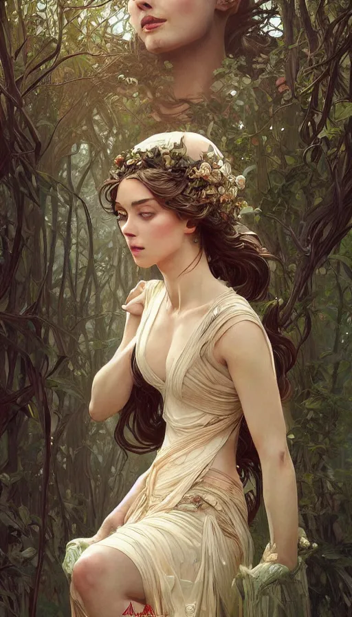 Image similar to portrait of elegant beautiful woman, ethereal, expressive pose, intricate dress, fantasy, intricate, forest background, highly detailed, digital painting, artstation, concept art, smooth, sharp focus, illustration, art by artgerm and greg rutkowski and alphonse mucha