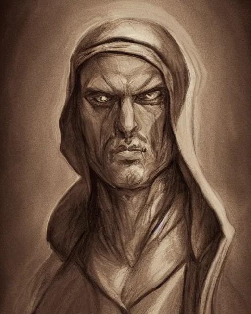 Image similar to character concept portrait of a man in dark robes, hooded, drawn by greg rukowtski