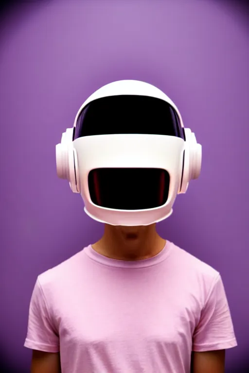 Prompt: a high definition film photograph of a normal androgynous robot human wearing a plain white t - shirt, in a pastel pink room. happy. metal visor covering eyes. mirrored chrome helmet inspired by daft punk. crushed shadows.