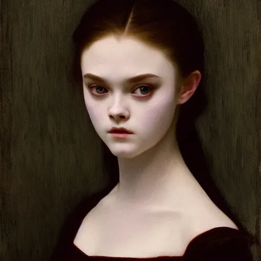 Image similar to A masterpiece head and shoulders scary portrait of Elle Fanning as a vampire by William Adolphe Bouguereau and Junji Ito