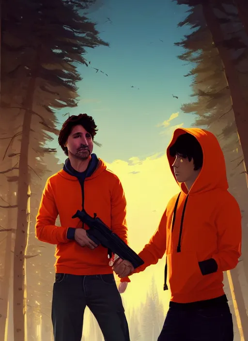 Image similar to highly detailed portrait justin trudeau in ( ( orange hoody ) ) holding handgun! in gta v stephen bliss unreal engine fantasy art by greg rutkowski loish rhads ferdinand knab makoto shinkai lois van baarle ilya kuvshinov rossdraws tom bagshaw global illumination radiant light detailed intricate environment