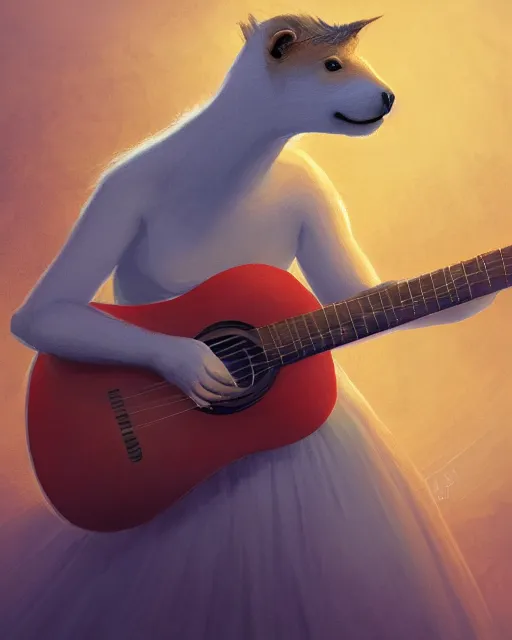 Image similar to Capybara playing Guitar, portrait, dress, magic the gathering artwork, D&D, fantasy, cinematic lighting, centered, symmetrical, highly detailed, digital painting, artstation, concept art, smooth, sharp focus, illustration, volumetric lighting, epic Composition, 8k, art by Akihiko Yoshida and Greg Rutkowski and Craig Mullins, oil painting, cgsociety