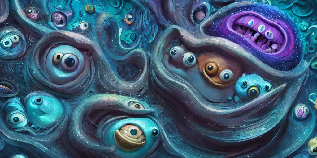 Image similar to of an intricate deep sea with strange cute friendly happy creatures with huge eyes, long tongue, round teeth and goofy funny face, appearing from the background, in the style of gehry and gaudi, macro lens, shallow depth of field, ultra detailed, digital painting, trending artstation, concept art, illustration, cinematic lighting, photorealism, epic, octane render