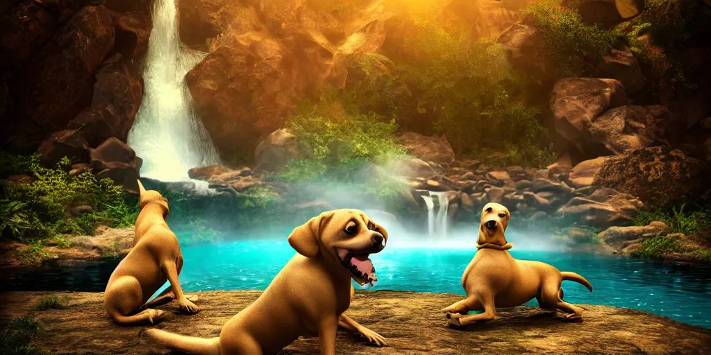 Image similar to 3d renderings of two dog Skeletons fighting in front of a waterfall, infographic for imaginary animals, golden hour, backlit by an alien planet, sharp focus, psychedelic LSD manga, hyper realistic, detailed, octane render