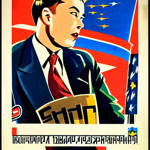 Image similar to 1940s Russian propaganda poster about Elon Musk