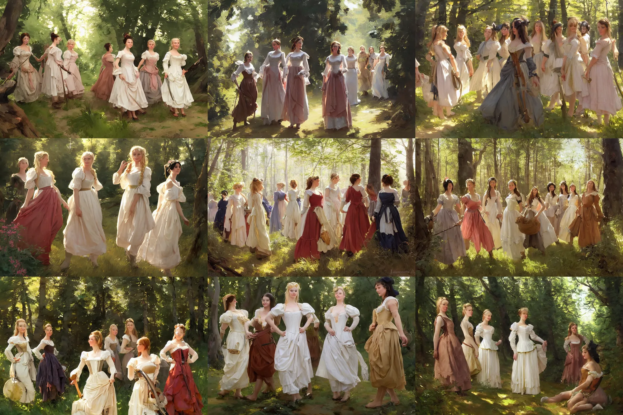 Prompt: a group of finnish norwegian swedish attractive glamour models wearing as village maidens in 1 7 th century bodice with low neckline walking in the woods in a sunny day, jodhpurs greg manchess painting by sargent and leyendecker, studio ghibli fantasy medium shot asymmetrical intricate elegant matte painting illustration hearthstone, by greg rutkowski by greg tocchini by james gilleard