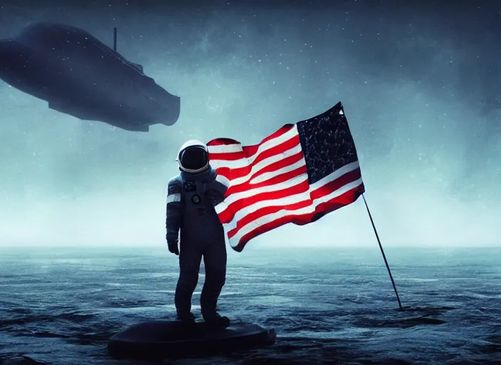 Image similar to astronaut holding a flag in an underwater desert. a submarine is visible in the distance. dark, concept art, cinematic, dramatic, atmospheric, 8 k, trending on artstation, blue, fish, low visibility, fog, ocean floor, christopher nolan, interstellar